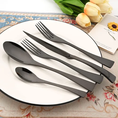 Miniatura 2 de Juego de cubiertos de acero inoxidable 304 de 20 piezas con cuchara de cuchillo para carne, color negro espejo, servicio para 4