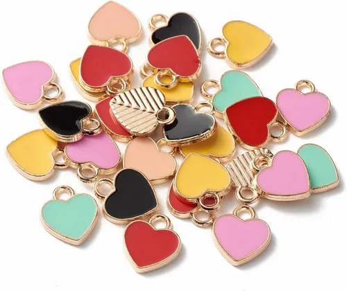 KitBeads 100 dijes de corazón de amor al azar esmaltados coloridos dijes de corazón de San Valentín de metal Kawaii mini dijes en forma de corazón