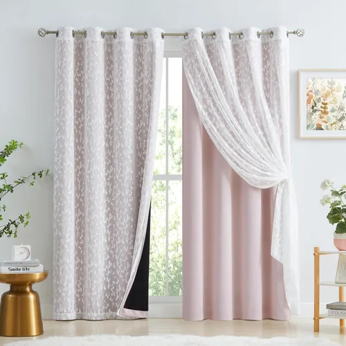 Miniatura 17 de Jubilantex Cortinas opacas completas + paneles de ventana transparentes con hojas, juego de tratamiento de ventana de doble capa estilo mezcla