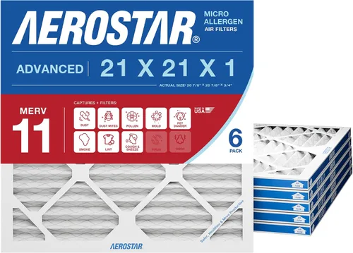 Aerostar MERV 11 - Filtro de aire plisado de 21 x 21 x 1 pulgadas, para calefacción y aire acondicionado, paquete de 6 unidades (tamaño real: 20.875