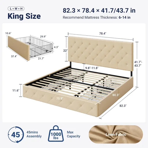 Miniatura 2 de Allewie - Base de cama con plataforma tamaño King, tapizada, con 4 cajones de almacenamiento y cabecera, diseño tapizado cosido en forma de diamante
