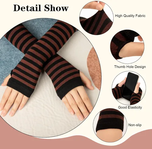 Miniatura 9 de Amandir Guantes largos sin dedos para mujer, calentadores de brazos, guantes elásticos de punto para el pulgar