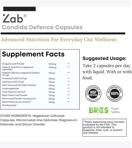 Miniatura 7 de ZAB Candi Defence Cápsulas 11 en 1 – Candida Cleanse para mujeres y hombres Candida Support con ácido caprílico, orégano, probióticos y aloe – 1307