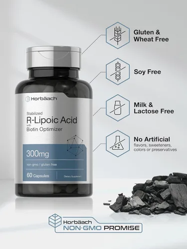 Miniatura 5 de Horbäach Ácido R-lipoico estabilizado de 300 mg 60 cápsulas con optimizador de biotina Sin OMG, sin gluten Suplemento Na-RALA