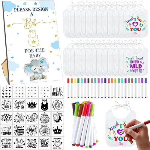 Miniatura 10 de Panitay Kit de decoración de 100 baberos para bebé, 50 baberos blancos, 25 plantillas, 24 marcadores de tela, 1 letrero de juego para baby shower