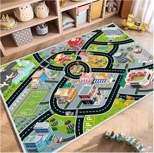 Alfombra de Coches para Niños, Alfombra de Juego para Coches de Juguete y Tren, Alfombra de Juego de Tráfico Vial para Niños, Alfombra de Área de