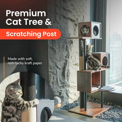 Miniatura 3 de Moderno árbol para gatos, elegante torre de madera estilo muebles (60 pulgadas) se mezcla con decoración del hogar, poste rascador más alto