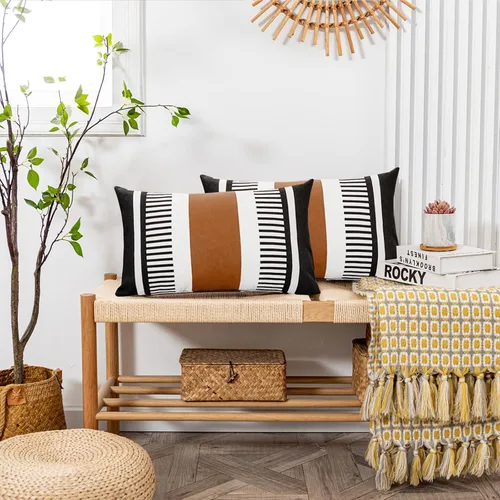 Miniatura 2 de Fundas de almohada lumbar a rayas bohemias de 12 x 20 pulgadas, funda de almohada de cuero moderna para sofá, decoración del hogar rural, color Negro
