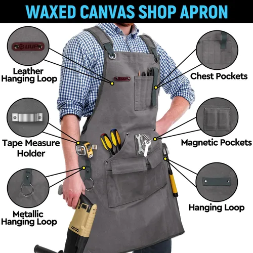 Miniatura 2 de Delantal de carpintería para hombres, delantal de taller de lona de 20 oz con 9 bolsillos para herramientas, delantal de peto de trabajo de madera