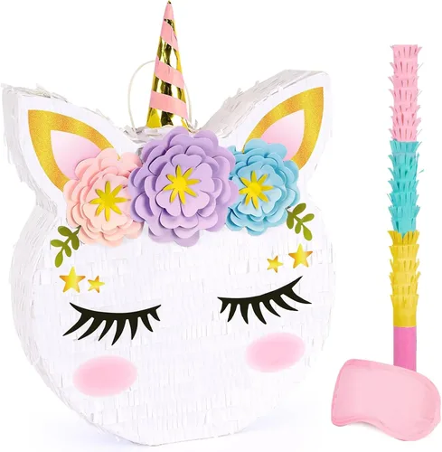 Miniatura 9 de Piñata plegable de unicornio, suministros para fiesta de cumpleaños, piñata extensible con bate y flecos, decoración de fiesta temática, piñatas