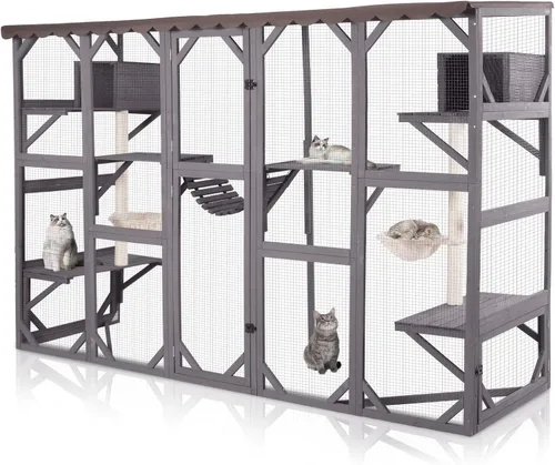 Miniatura 9 de GUTINNEEN Catio - Recinto grande de madera para gatos de 70 pulgadas, jaula para gatos con 7 plataformas, 2 cajas de descanso, cubierta impermeable