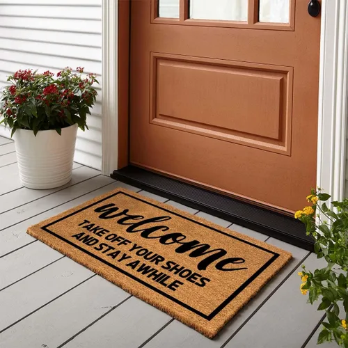 Miniatura 2 de Tapete divertido de fibra de coco con texto en inglés "Welcome Take Off Your Shoes and Stay Awhile", tapete para puerta delantera, entrada al aire