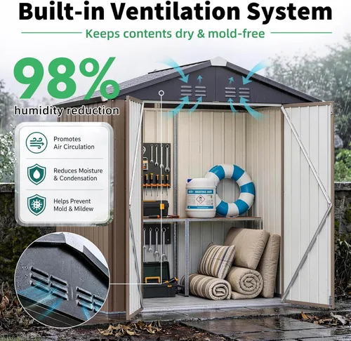 Miniatura 3 de AECOJOY Cobertizo de almacenamiento de metal para exteriores de 4 x 6 pies, cobertizo de herramientas de jardín resistente con puerta doble con Gris
