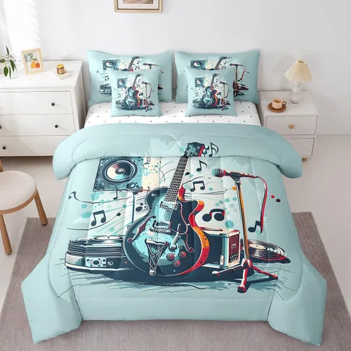 Miniatura 11 de Erosebridal Juego de edredón de 7 piezas con diseño de piano, cama Queen en una bolsa, juego de ropa de cama retro con notación musical de guitarra