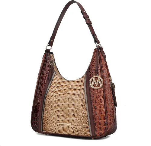 MKF Collection Bolso Hobo para mujer - Bolso de mano de cuero vegano con asa superior de cocodrilo en relieve