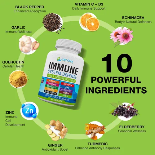 Miniatura 3 de Suplemento de apoyo del sistema inmunológico 10 en 1: vitamina C (1000 mg), quercetina, vitamina D3 (5000iu), zinc (40 mg), saúco, equinácea