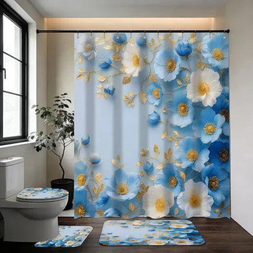 Miniatura 2 de DDQQ Juego de cortinas de ducha florales azules y blancas con flores dulces pintadas con alfombras, juego de cortina de ducha de baño de primavera