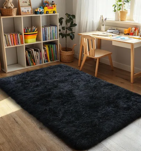 Miniatura 8 de KICHOWUA - Tapete grueso y esponjoso de 3 x 5 pies, color negro, ultrasuave, lavable, antideslizante, acogedor y peludo, para sala, dormitorio