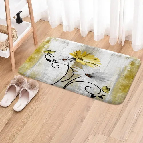Miniatura 3 de Tapete de baño rústico de granja, diseño de margaritas amarillas, flores y mariposas, alfombra de baño de madera para baño, alfombra de baño suave