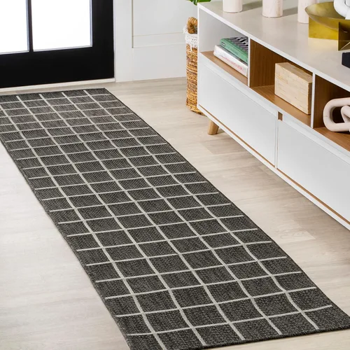 JONATHAN Y Grid Squares - Alfombra de pasillo para interiores y exteriores, 2 x 8 pies, color negro/crema, moderna para patio trasero, porche, fácil