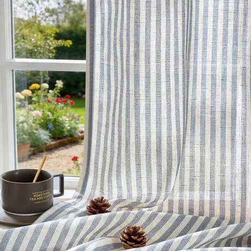 Miniatura 7 de jinchan - Cortinas de lino para sala o dormitorio, con estampado a rayas azules sobre beige, patrón de franjas que filtran la luz, accesorio