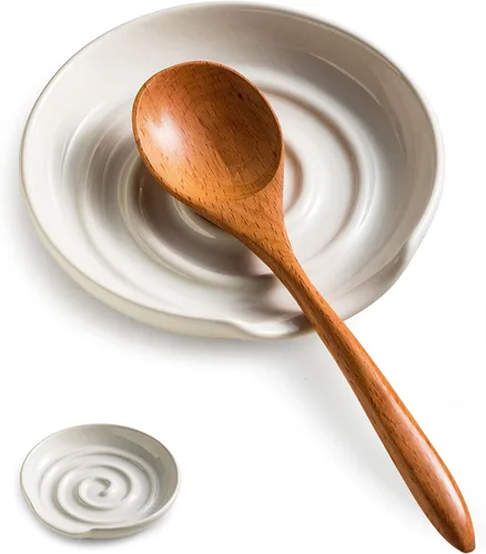 Miniatura 15 de Soporte para cuchara, soporte para cuchara con bandeja profunda para evitar derrames de salsa, soporte para utensilios para espátula, cuchara de Gris