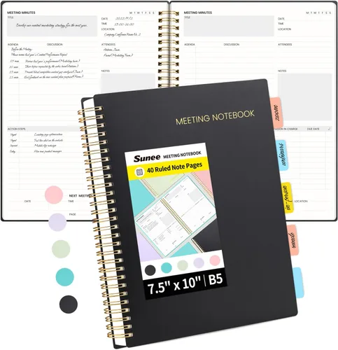 SUNEE Cuaderno de reuniones para el trabajo con pestañas adhesivas, 160 páginas, planificador de proyectos de tamaño B5, cuaderno organizador de