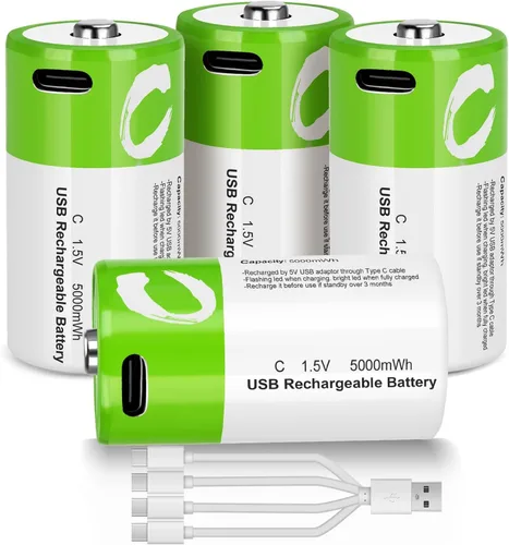 Paquete de 4 baterías C recargables de litio, baterías C de iones de litio de 1.5 V de alta capacidad de 5000 mWh, con cable de carga USB-C 4 en 1,