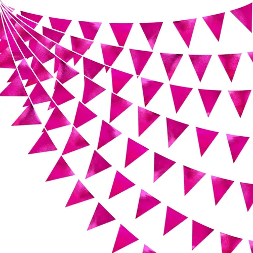 Miniatura 70 de Decoración de fiesta iridiscente de 33 pies, tela holográfica, banderín triangular, banderín de algodón, guirnalda de banderines para cumpleaños
