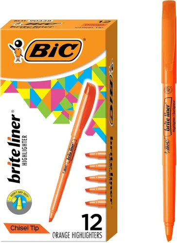 BIC Brite Liner Marcadores de destaque com ponta chanfrada, paquete de 12 marcadores de destaque na cor laranja, conjunto ideal de marcadores para