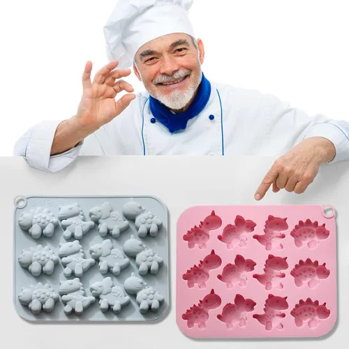 Miniatura 5 de Paquete de 2 moldes de silicona de dinosaurio con 12 cavidades 3D con temática de dinosaurios para hornear, herramienta de horneado para pastel