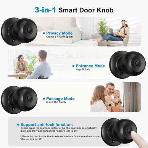 Miniatura 5 de 52HZ Pomo de puerta de huellas dactilares con cerradura, cerradura inteligente para puerta de dormitorio, cerradura biométrica de puerta con control