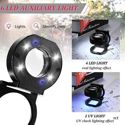 Miniatura 4 de Lupa de lupa de 25X con 6 luces, recargable por USB, tres plegables, portátil, de metal, lupa de costura para textil, herramienta de joyería óptica