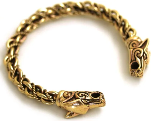 Miniatura 2 de Brazalete de bronce vikingo nórdico con cabeza de lobo trenzada, diseño de cabeza de lobo