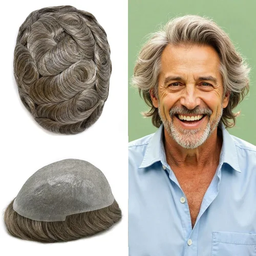 Miniatura 53 de Tupé de piel ultra fina para hombres pieza de cabello humano real sistema de reemplazo 0.002 in Mens Toupee Hairpiece para hombres V-Loop 8x10 80%