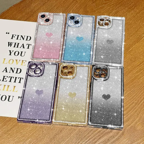 Miniatura 7 de Funda para iPhone 13, funda de diamantes de imitación de lujo con patrón de corazón de amor de cristal [papel con purpurina extraíble], parachoques