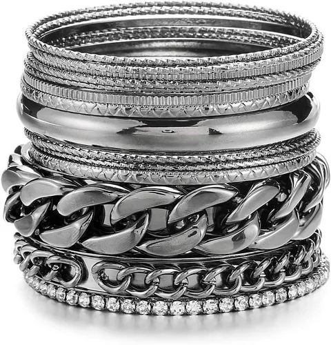 Miniatura 5 de Ensoul Juego de pulseras y brazaletes de metal con textura múltiple, 14 unids/set con diamantes de imitación transparentes