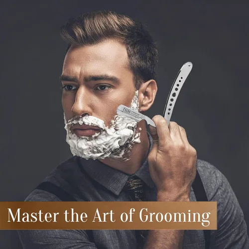 Miniatura 4 de Facón Navajas rectas para hombres - Kit de navaja de barbero profesional de borde recto con 100 cuchillas, afeitadora clásica de acero inoxidable El