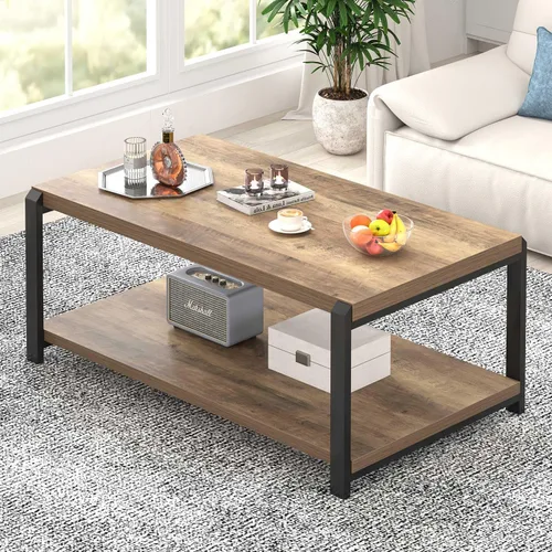 Miniatura 5 de EXCEFUR Mesa de Centro Moderna, Mesa Central de Madera Rústica y Metal para Sala de Estar, Mesa de Cóctel y Té Rectangular Industrial con Roble
