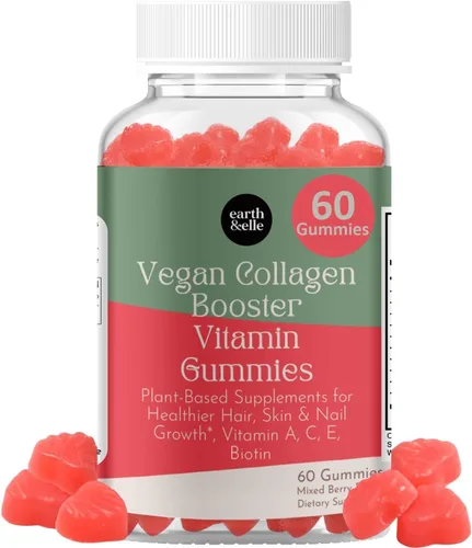 earth & elle Gomitas veganas potenciadoras de colágeno para mujeres con biotina y vitaminas, mejora la salud del cabello, las uñas y la piel,