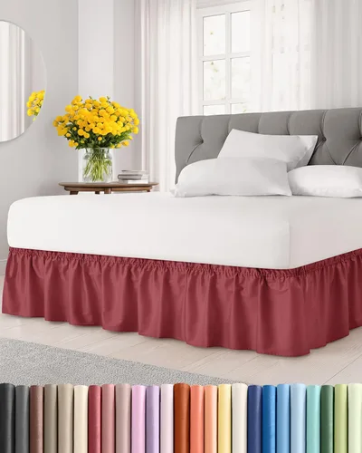 Falda de cama envolvente con volantes, color burdeos, para camas de tamaño matrimonial con altura de 30 cm CGK Linens - Falda de cama plisada con 25