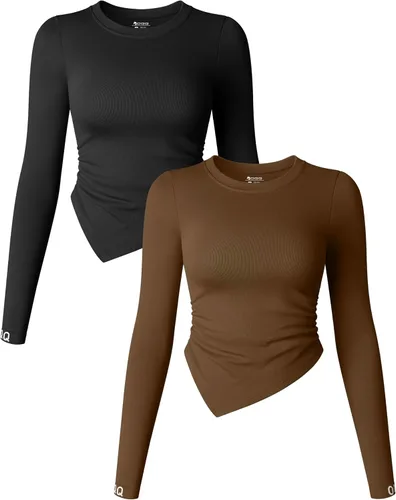 OQQ Camiseta de 2 piezas de manga larga con cuello redondo y fruncida para mujer