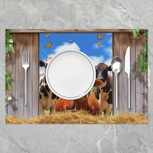 Miniatura 2 de Juego de 4 manteles individuales de vaca acuarela de 12 x 18 pulgadas, bonitos animales de granja, hojas silvestres, manteles individuales