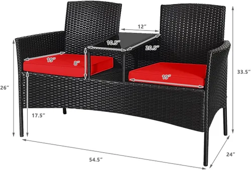Miniatura 6 de LDAILY Juego de conversación para patio, sofá biplaza de ratán moderno, juego de muebles para exteriores con cojines y mesa extraíbles, juego de Rojo