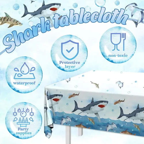 Miniatura 5 de CMUSKO Mantel de tiburón, 3 piezas de suministros de fiesta de cumpleaños de tiburón, cubierta de mesa de plástico desechable, mantel de decoración