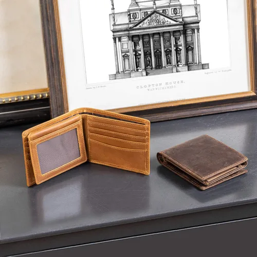 Miniatura 5 de Polare - Cartera plegable de piel de vaca con bloqueo RFID para hombres con 2 ventanas de identificación