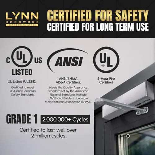 Miniatura 5 de LYNN HARDWARE Cierrapuertas automático extra resistente de servicio pesado (plateado) - Grado comercial, elección de contratistas, velocidad