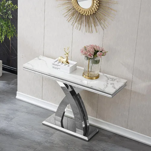 Miniatura 47 de SSLine Mesa de Centro Rectangular de Mármol Sintético para Sala de Estar, Mesa Central Moderna de Mármol Blanco de Lujo con Base Doble en Forma de U