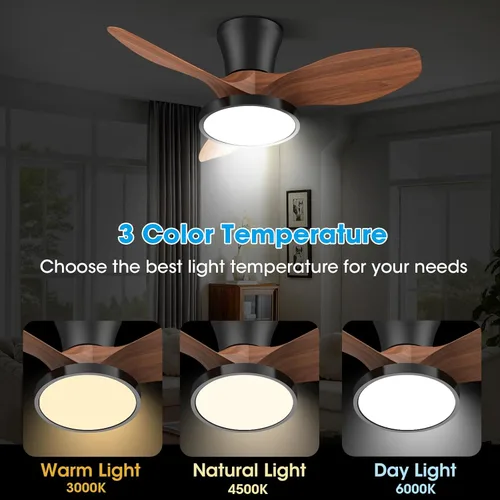 Miniatura 3 de ocioc Ventilador de techo silencioso con luz LED, motor de CC de 32 pulgadas, control remoto de gran volumen de aire, nogal para cocina, dormitorio