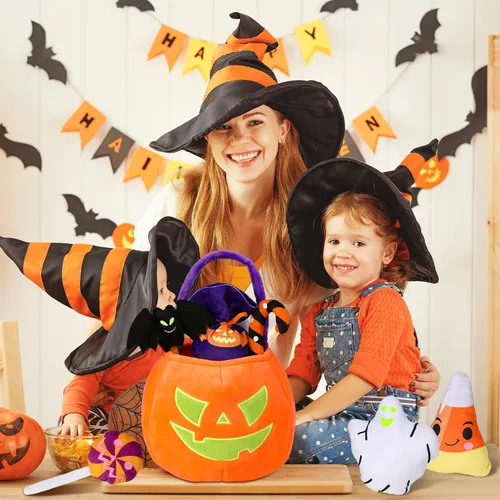 Miniatura 6 de Liliful Juego de 11 piezas de juguetes de calabaza de Halloween, animales de peluche que brillan en la oscuridad, cesta grande de calabaza de felpa